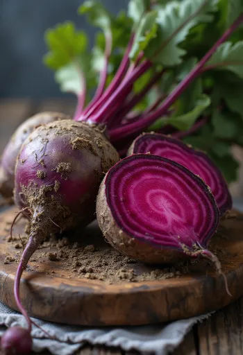 Färska rödbetor med gröna blad på ett rustikt träbord