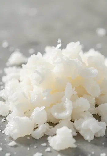 Agarpulver och agarflingor på en träyta, i skål och bredvid en färdig gelé