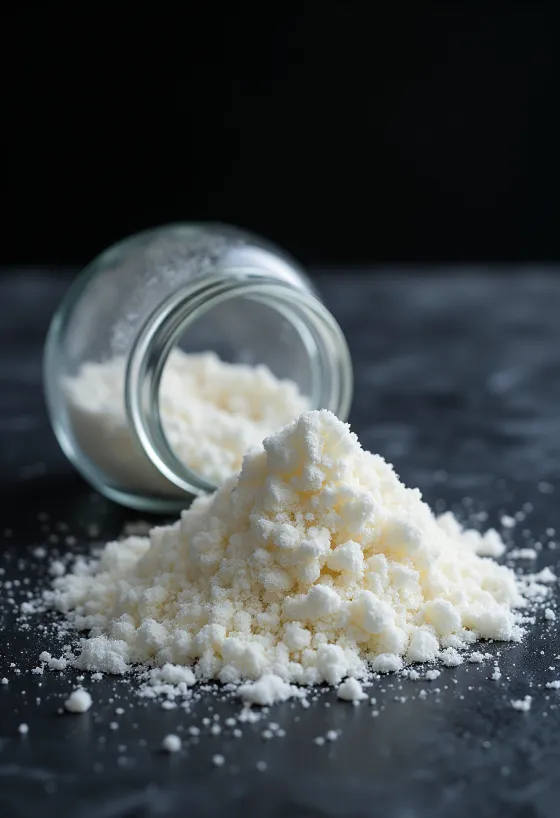 Agar-agarpulver i glasburk och på träslev, neutral bakgrund