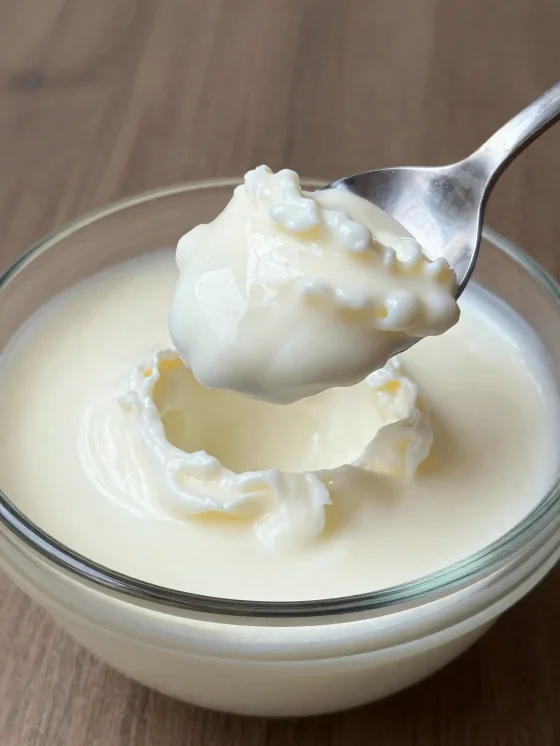 Syrad mjölk i en rustik keramikskål med sked och lätt vasslig yta