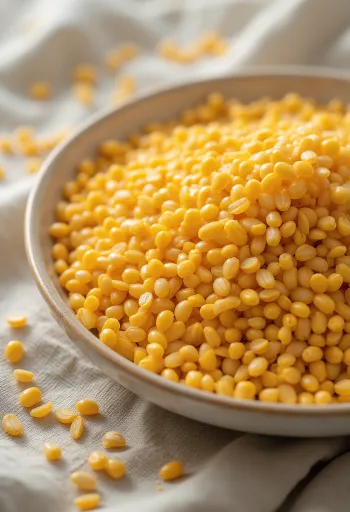 Gula linfrön utspridda på träyta