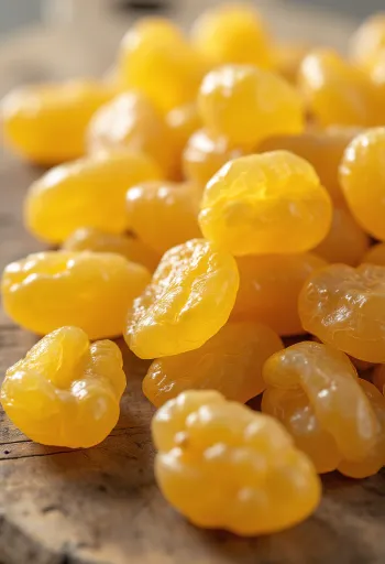 Gula russin i skål, med färska gröna druvor, mandel och honung