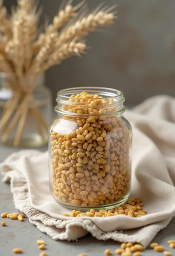 Kornkli i keramikskål och utspritt på köksyta av trä