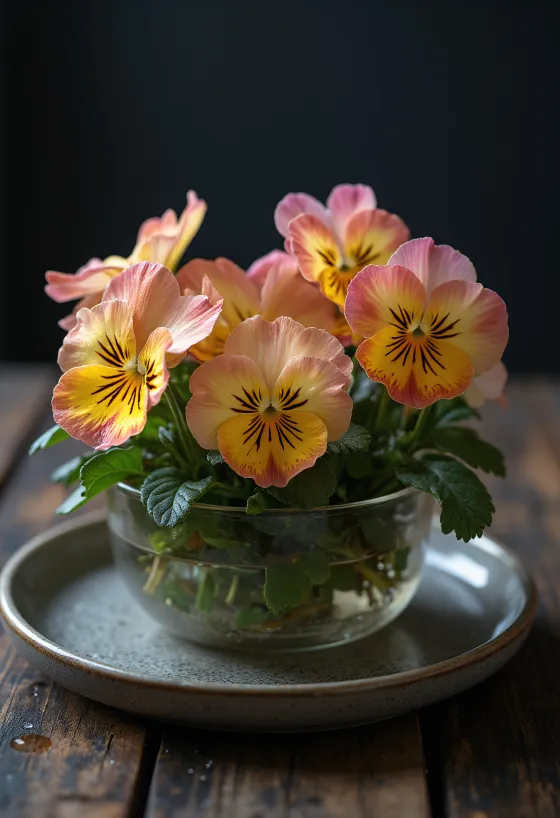 Ätbara penséblommor på vit tallrik, redo för användning i köket