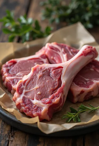 Färska råa lammkotletter med ben, arrangerade på skärbräda