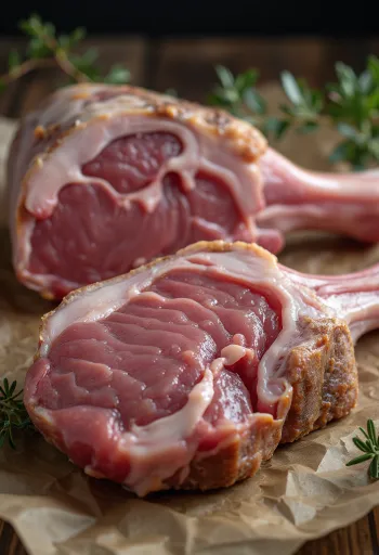 Rått lammbogskött på rustik träyta i naturligt ljus