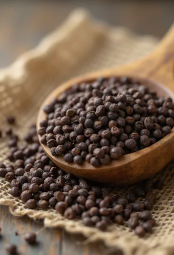 Hela bruna senapsfrön som torkad krydda på träyta