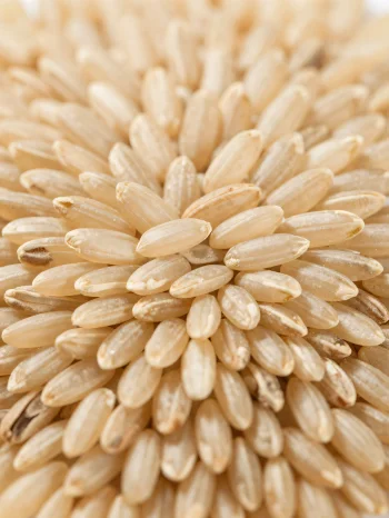 Okokta råriskorn i en rustik skål på en köksbänk