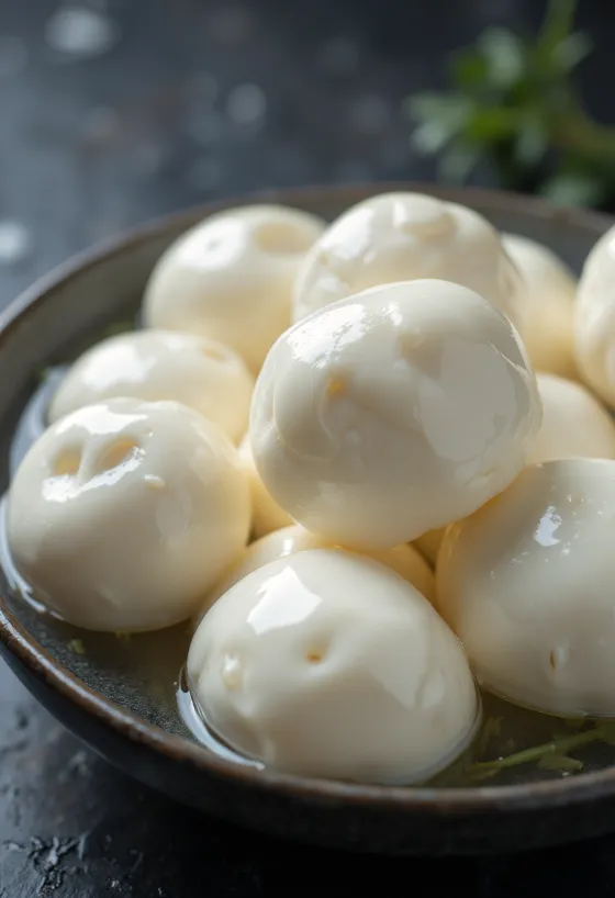 Färsk buffelmozzarella i vit keramikskål på träbord