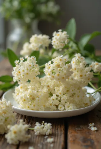 Färsk fläderblomma på vit tallrik, förberedd för användning