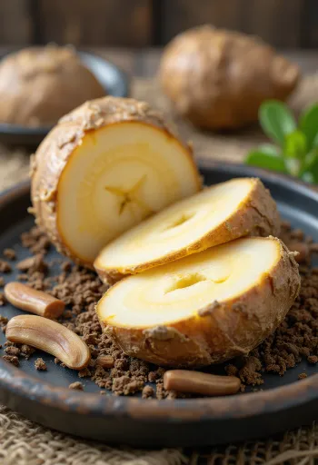 Färsk kardborrerot, hel och skivad, brun yta och ljus insida