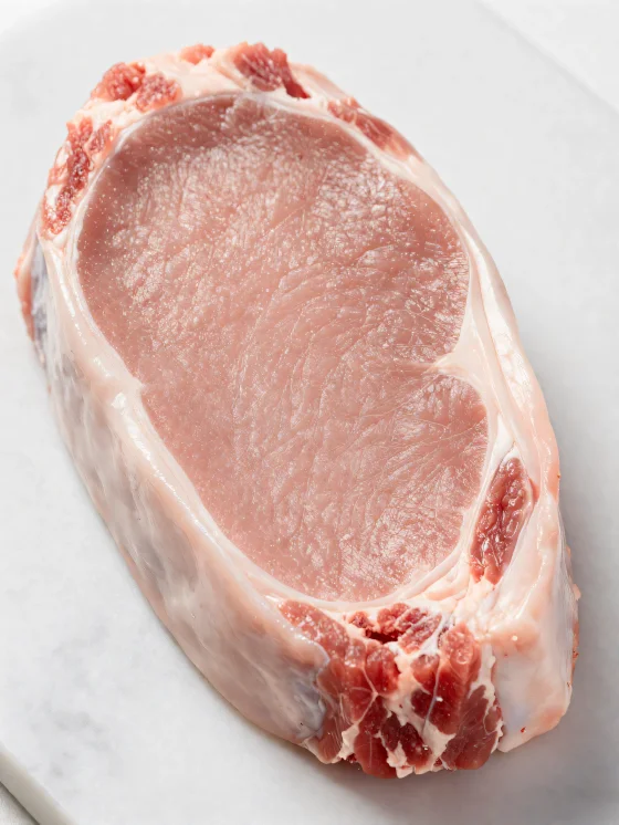 Färska bitar av ljust kalvkött med kryddor på en skärbräda av trä