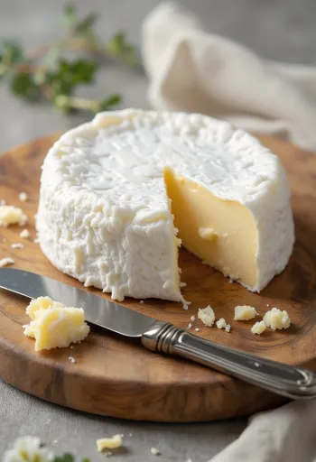 Skivad brieost på en skärbräda av trä, med krämigt inre