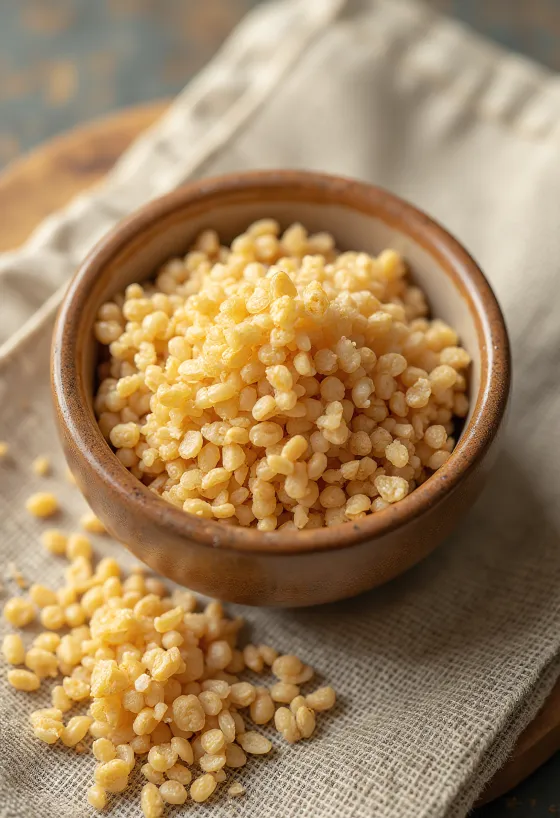 Rå bulgur i en keramikskål, med korn utspridda på en träyta