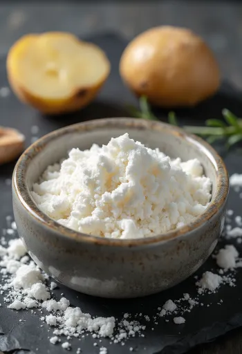 Potatisstärkelse som fint vitt pulver i skål och på sked