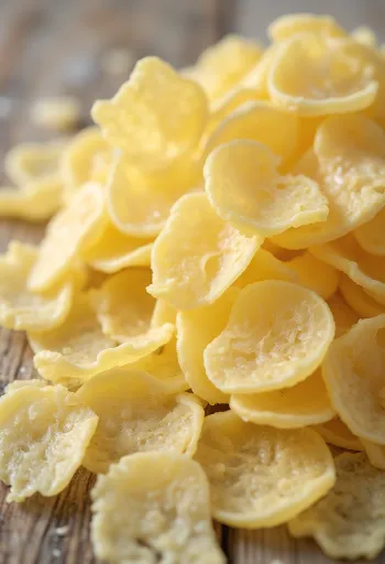 Potatisflingor i skål och på träslev, utspridda på köksbänk