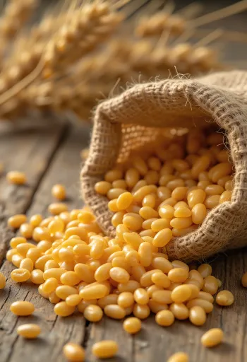 Rensade vetekorn i säck och utspridda på en träyta