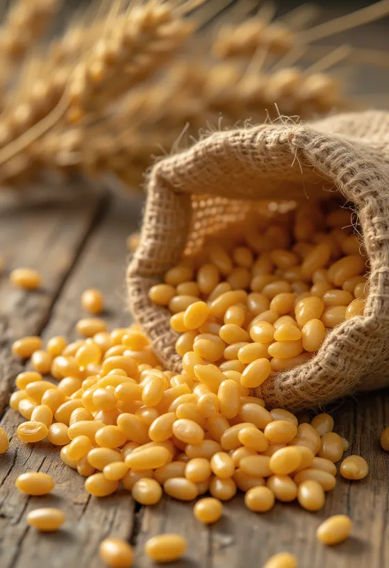 Rensade vetekorn i säck och utspridda på en träyta
