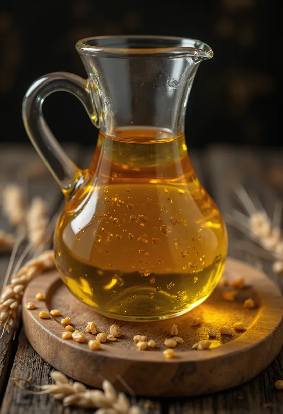 Vetegroddsolja i liten skål, bredvid vetekorn och groddar