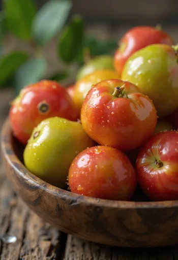 Färska camu camu-bär, uppskurna och hela