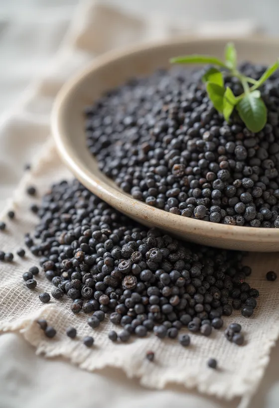 Svarta chiafrön i närbild utspridda på vit yta