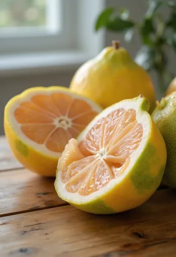 Hela och uppskurna pomelofrukter på rustik träyta