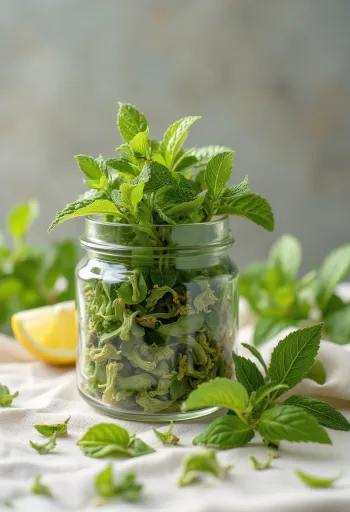 Torkad citronmeliss i skål och utspridd med träslev på köksbänk