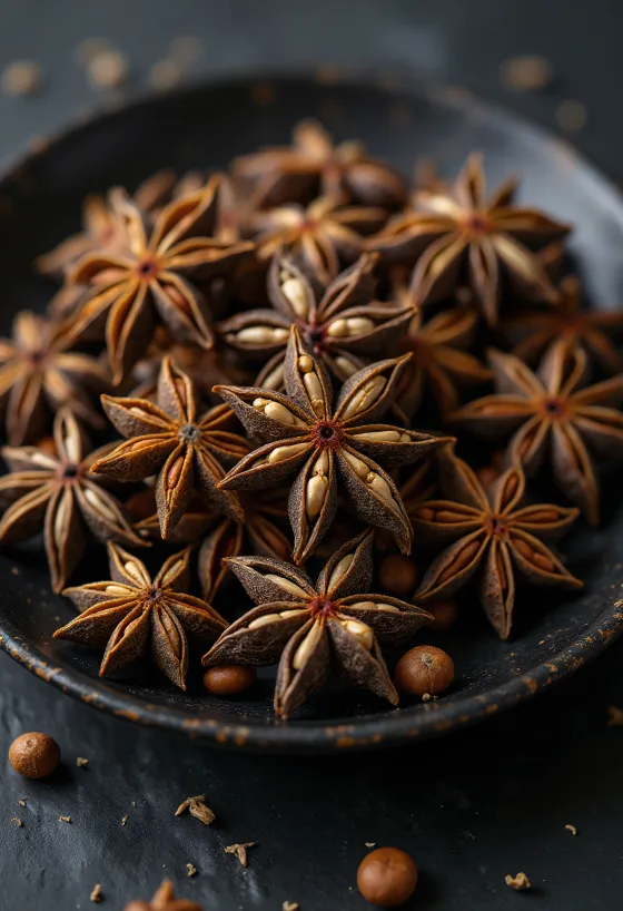 Hel stjärnanis torkade kryddor på träyta