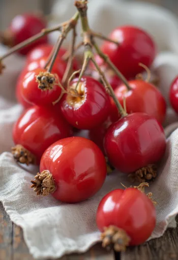 Färska nyponfrukter uppskurna, med rött fruktkött och frön på rustik träyta