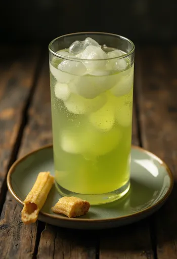 Färsk sockerrörssaft i glas bredvid skurna bitar av sockerrör