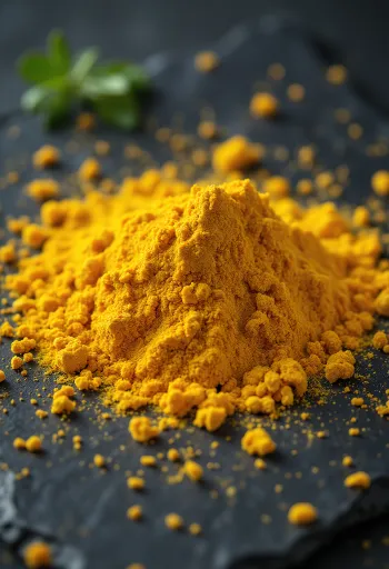 Currykrydda utspridd på rustik träbänk, i liten skål