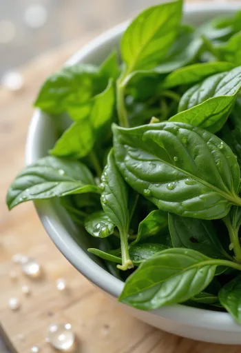 Färska curryblad på träyta i köket, en del hackade i skål