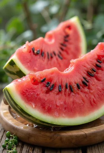 Färsk, uppskuren vattenmelon med rött kött och svarta kärnor på träyta