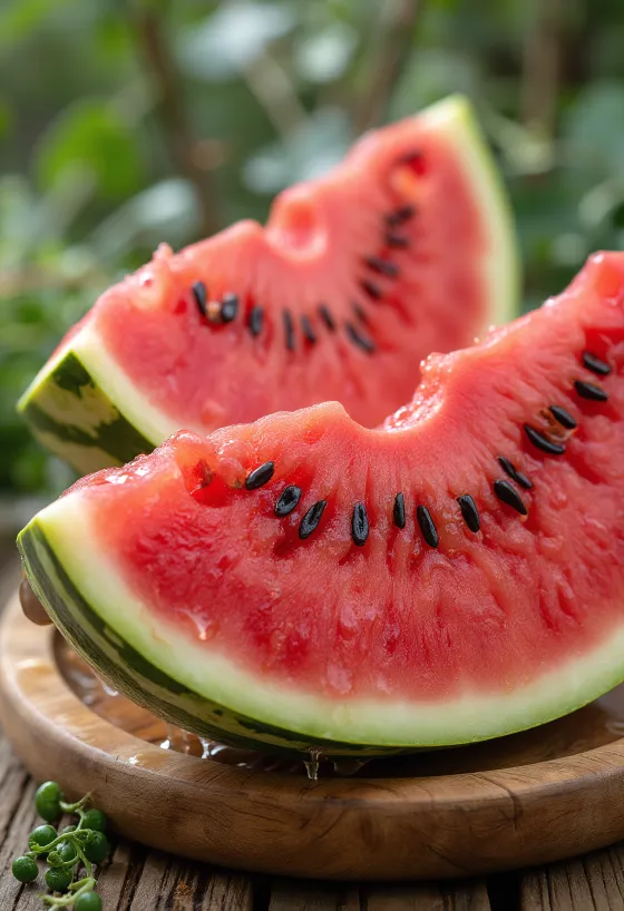 Färsk, uppskuren vattenmelon med rött kött och svarta kärnor på träyta