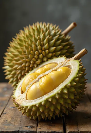 Hel och uppskuren durianfrukt med taggigt skal och krämigt inre fruktkött