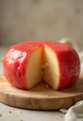 Skivad edamerost med rött vaxhölje på en ostskärbräda av trä