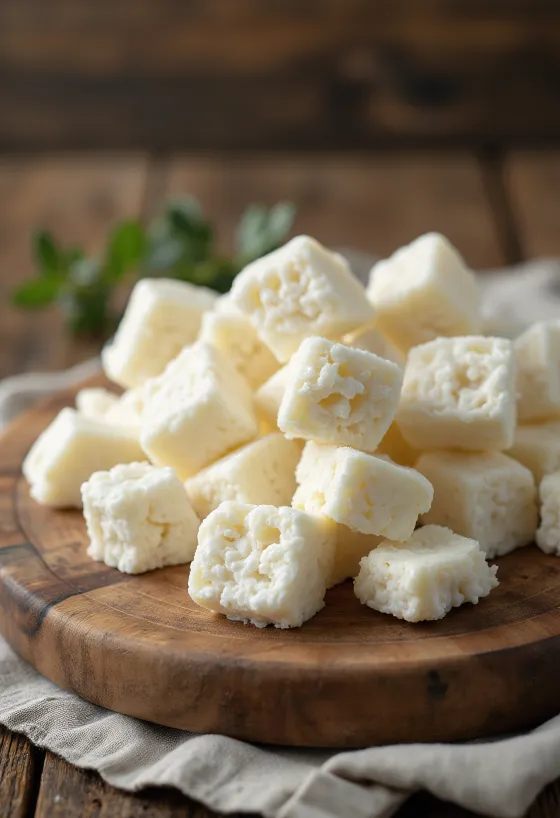 Färsk, smulig söt vassleost (Orda) i en vit keramikskål