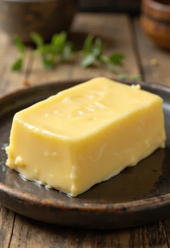 Krämigt smör av sötgrädde i litet kärl, på rustik yta