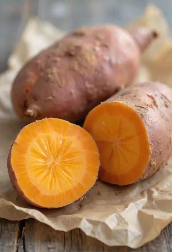 Delad och hel sötpotatis på en skärbräda av trä