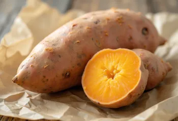 Delad och hel sötpotatis på en skärbräda av trä