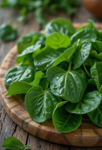 Färska sötpotatisblad råa, plockade, arrangerade i skål eller hög