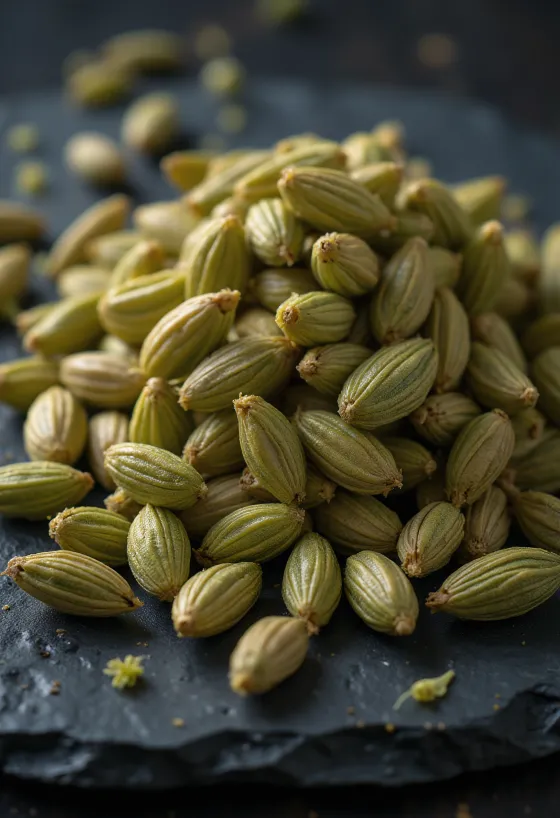 hela fänkålsfrön i torkad form på träyta