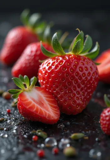 Färska hela och halverade jordgubbar på rustikt träbord, med jordgubbssylt
