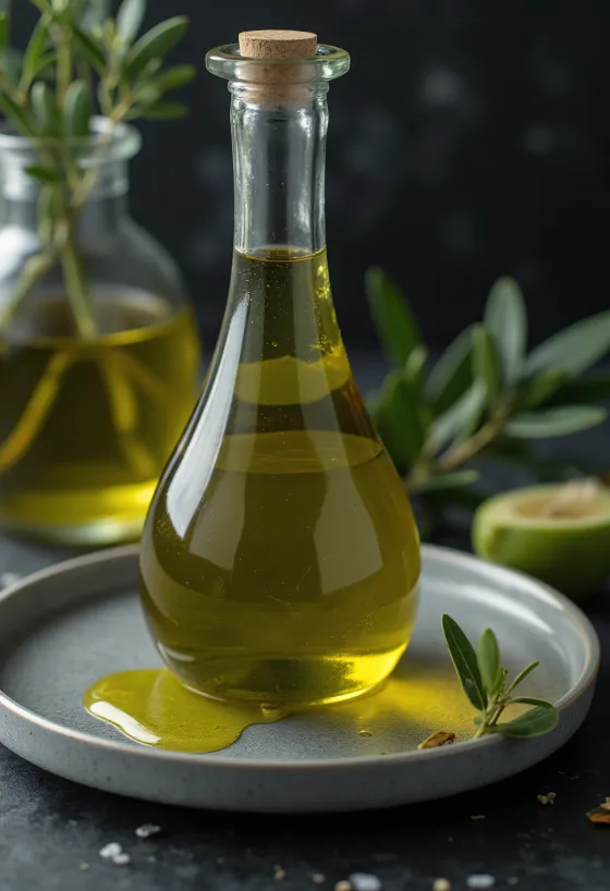 Extra jungfruolivolja i genomskinlig glasskål, gyllengrön färg, på vit bakgrund