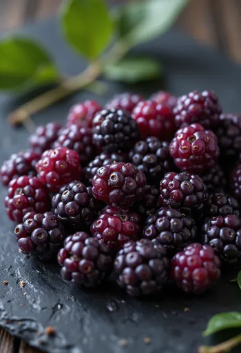 Färska mullbär i olika färger, både hela och delade