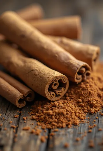 Malen kanel och kanelstänger på en köksbänk av trä