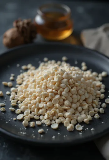 Vita vallmofrön i närbild, samlade i en hög