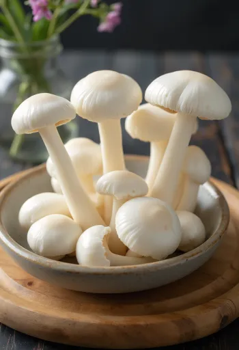 Skivad och rensad vit boksvamp (shimeji) på skärbräda