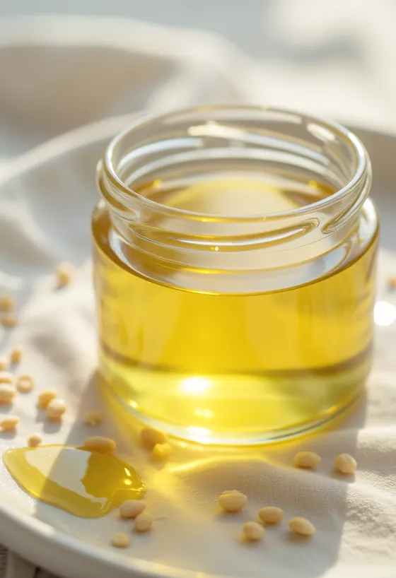 Ljus sesamolja i flaska och skål, bredvid sesamfrön