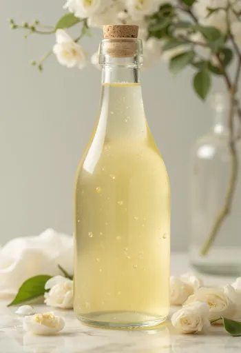 Vitvinsvinäger i glasskål med druvor och vinägermoder